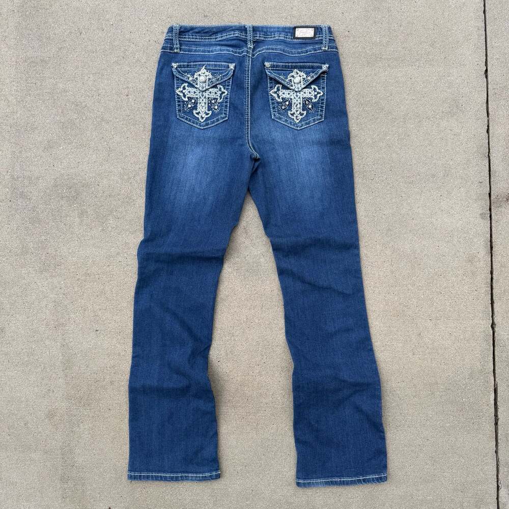 Y2K Earl Jeans Women's Bootcut Denim with Embroidered Rhinestone Cross Pockets